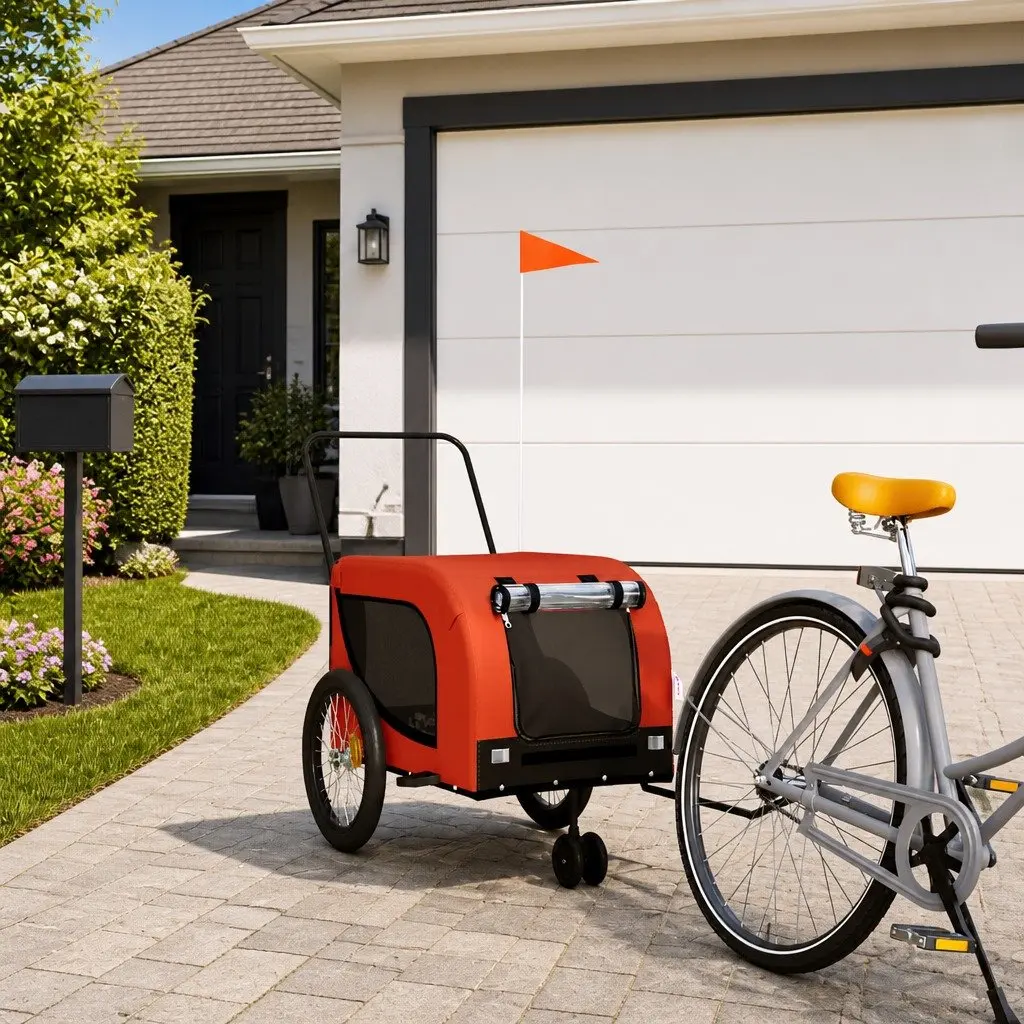 Pet Bike Trailer Orange Black Oxford Fabric Iron Frame Zippered Doors Mesh 1 Piece