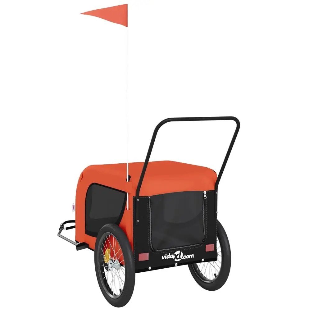 Pet Bike Trailer Orange Black Oxford Fabric Iron Frame Zippered Doors Mesh 1 Piece