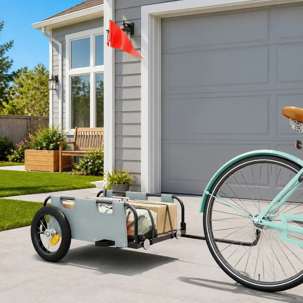 Bike Trailer Grey Oxford Fabric Iron Frame Cargo Transport Cycling Bicycle