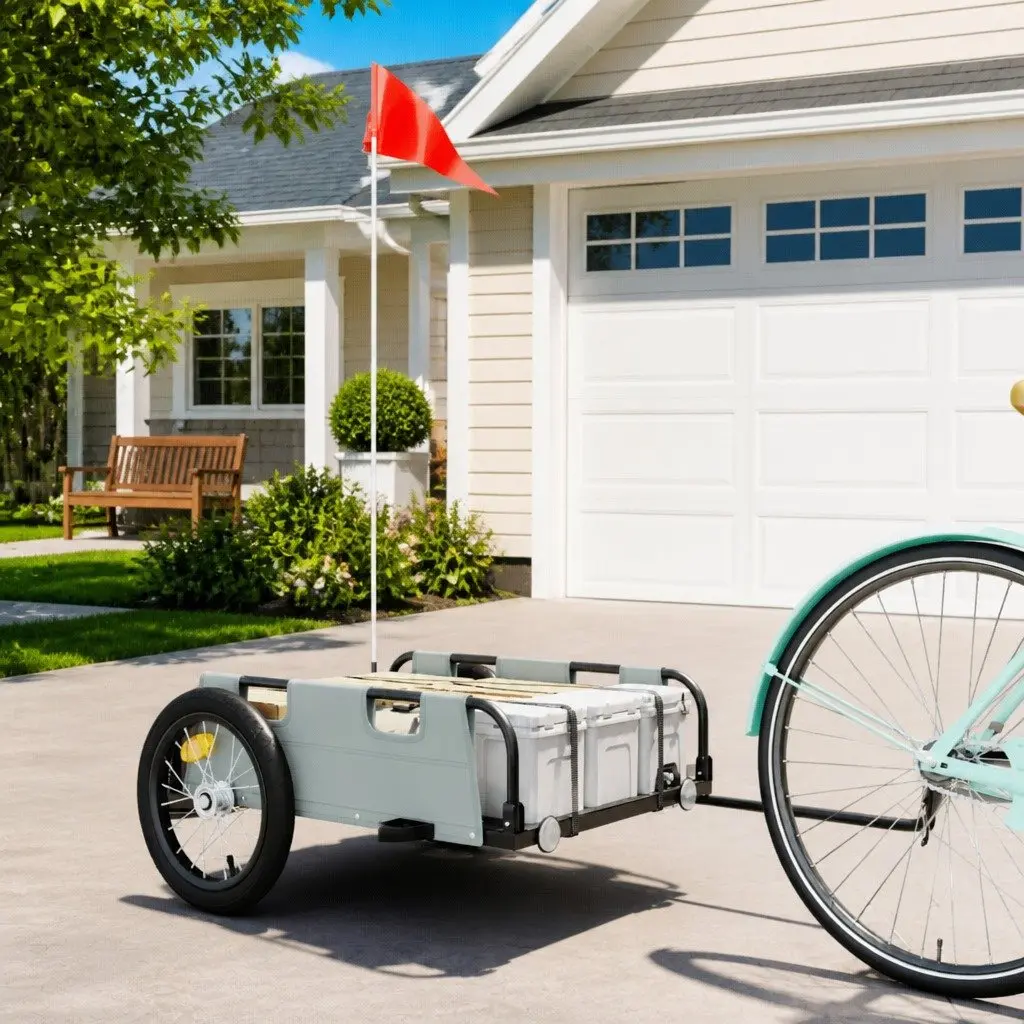 Bike Trailer Grey Oxford Fabric Cargo Cart Iron Frame