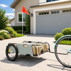 Bicycle Trailer Grey Oxford Fabric Iron Construction Two Wheels Reflectors Flag