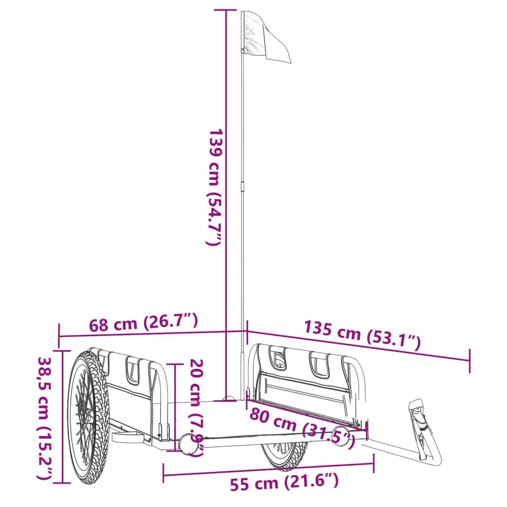 Bicycle Trailer Durable Oxford Fabric Lightweight Grey Two Wheels Powder-Coated Iron Frame Reflectors Traffic Flag