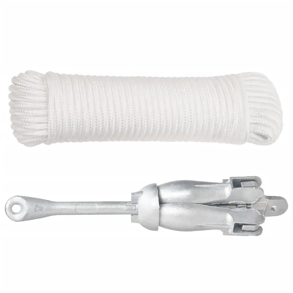 Folding Anchor with Rope 4kg Silver Cast Iron Grapnel