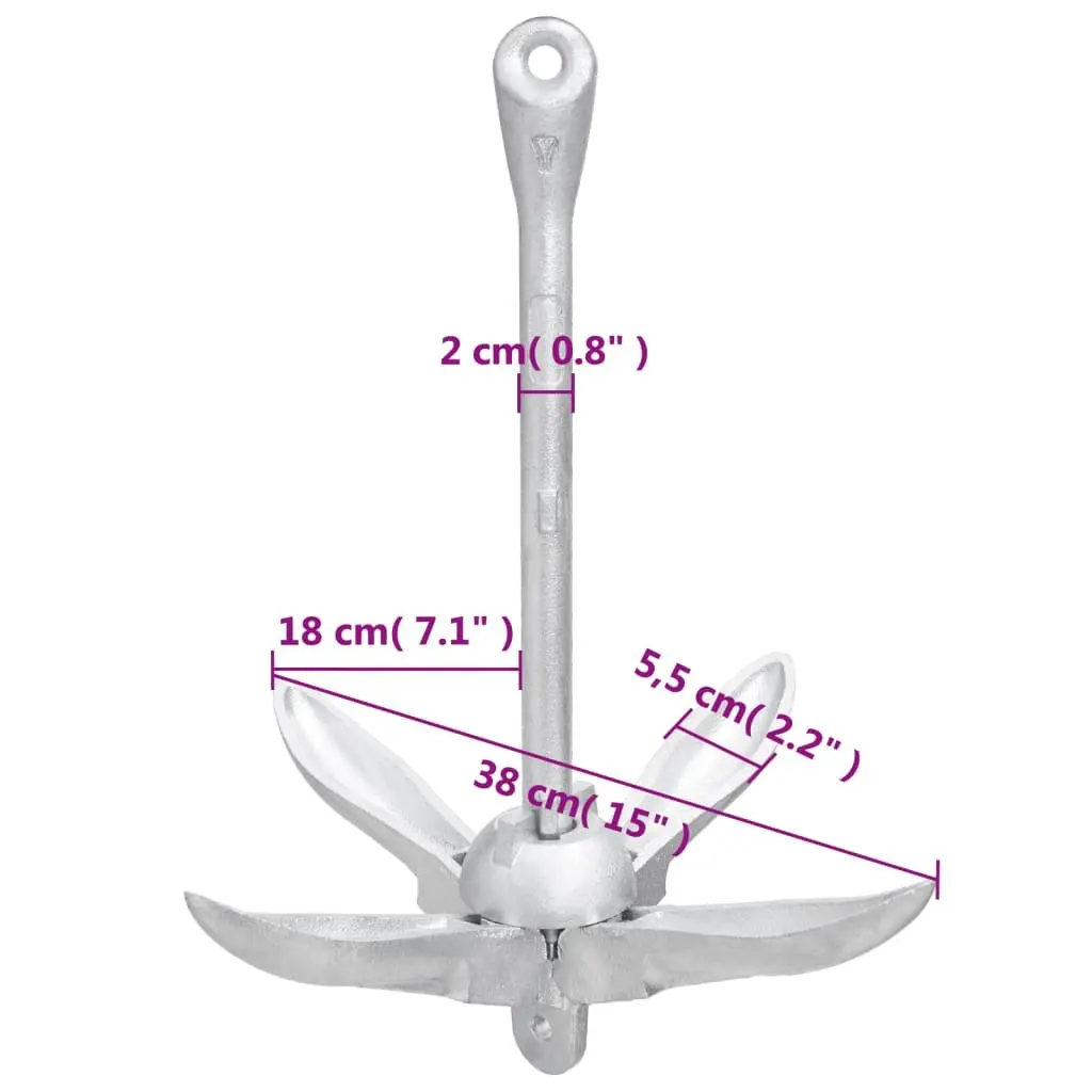 Folding Anchor with Rope 4kg Silver Cast Iron Grapnel
