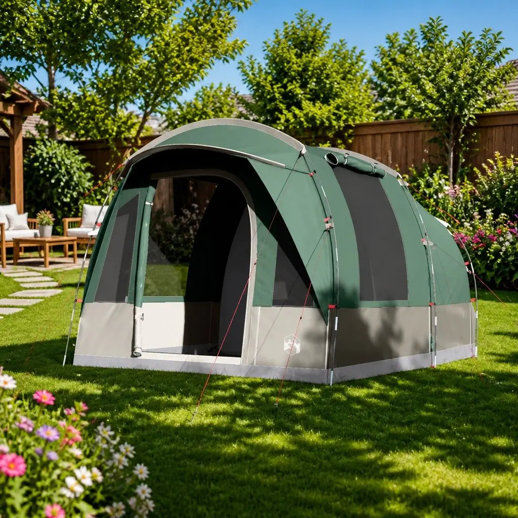 Camping Tent Tunnel 3-Person Green Waterproof Fibreglass Poles Easy Setup