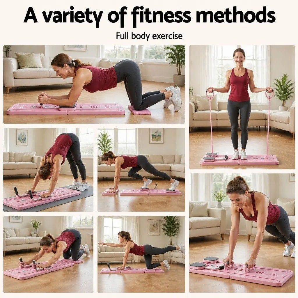Pilates Board Foldable Reformer Multi Functional Full Body Exercise Trainer Pink