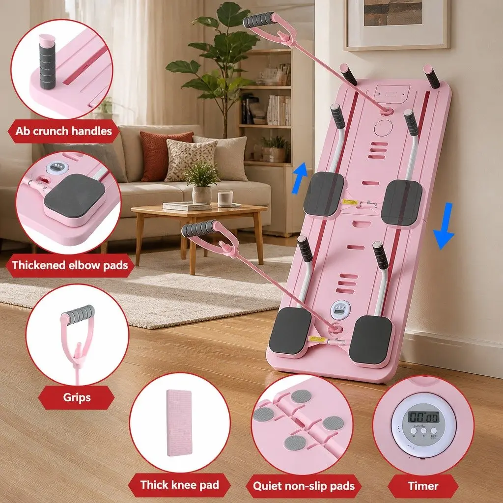 Pilates Board Foldable Reformer Multi Functional Full Body Exercise Trainer Pink