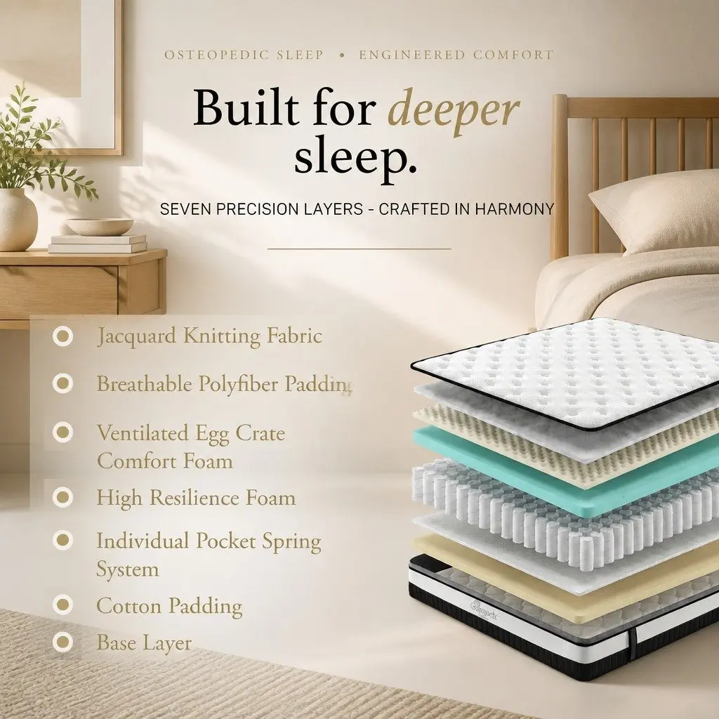 King Single Osteopedic Euro Top Pocket Spring Mattress Medium Firm Hybrid Foam 107cm x 203cm x 30cm