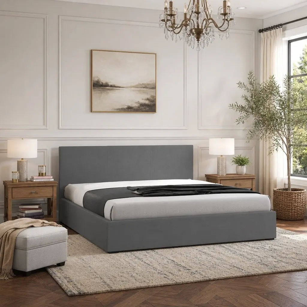 Single Bed Frame with Headboard Modern Platform Upholstered Fabric Bedroom