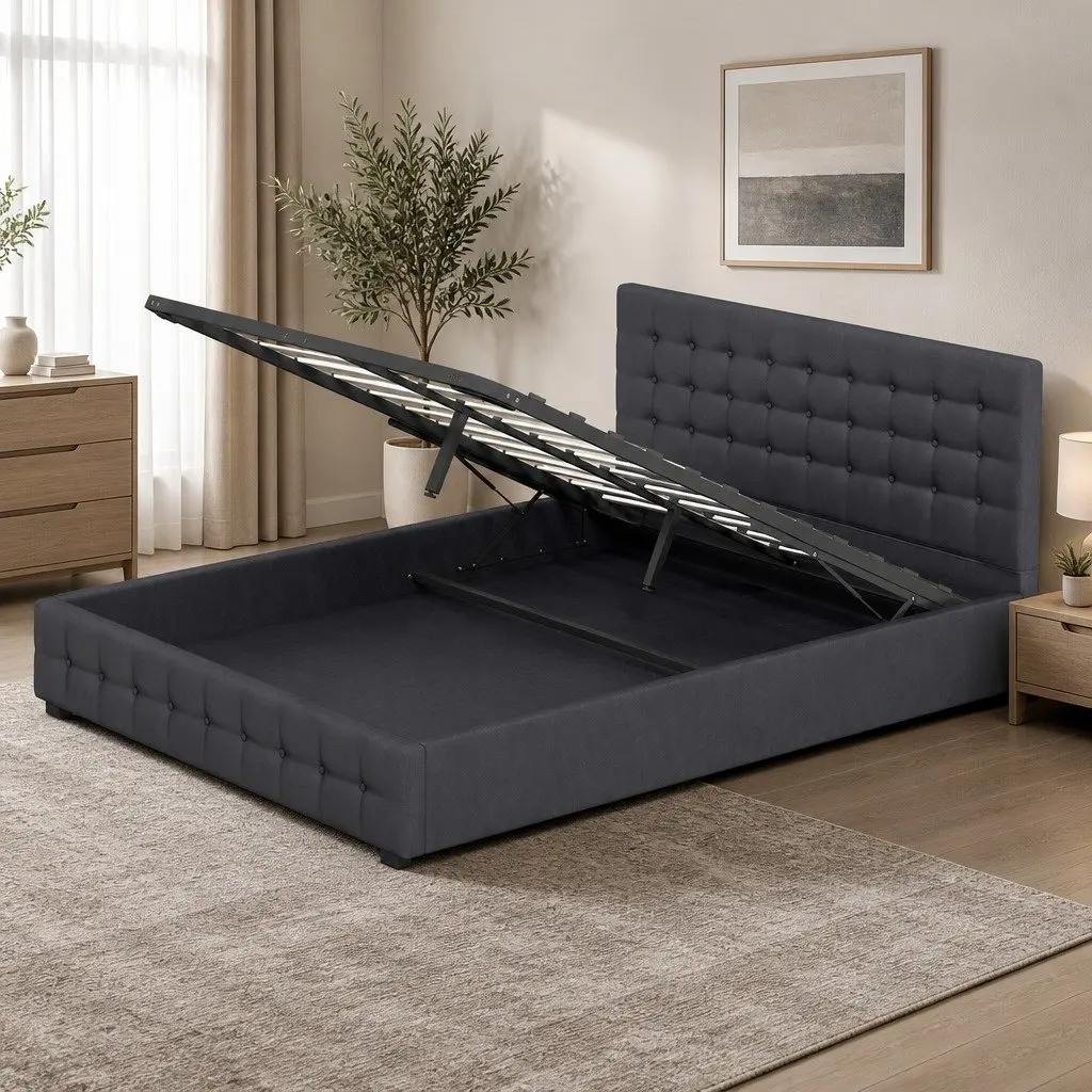 Gas Lift Bed Frame with Headboard Upholstered Dark Grey 200cm L x 105cm W x 87.5cm H