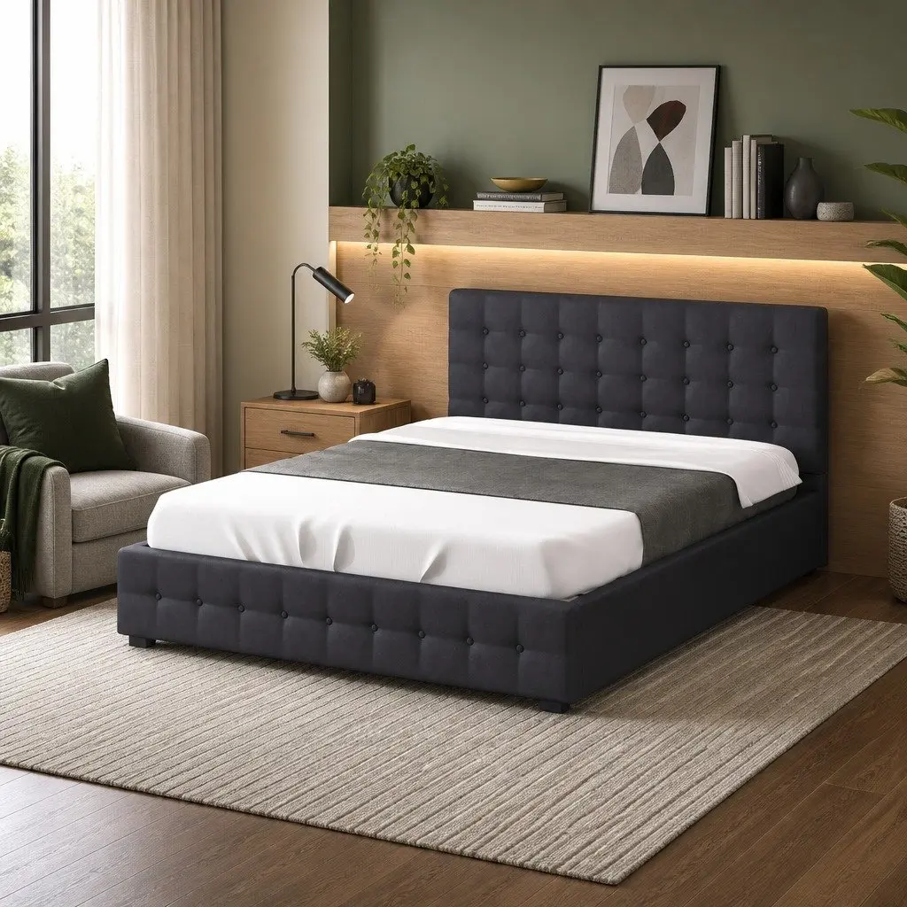 Gas Lift Bed Frame with Headboard Upholstered Dark Grey 200cm L x 105cm W x 87.5cm H