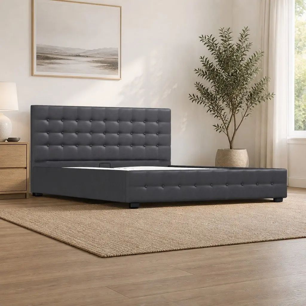 Gas Lift Bed Frame with Headboard Upholstered Dark Grey 200cm L x 105cm W x 87.5cm H