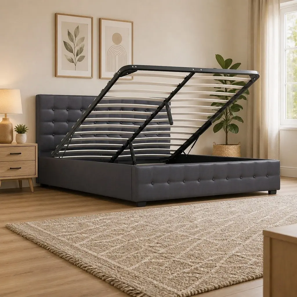 Gas Lift Bed Frame with Headboard Upholstered Dark Grey 200cm L x 105cm W x 87.5cm H