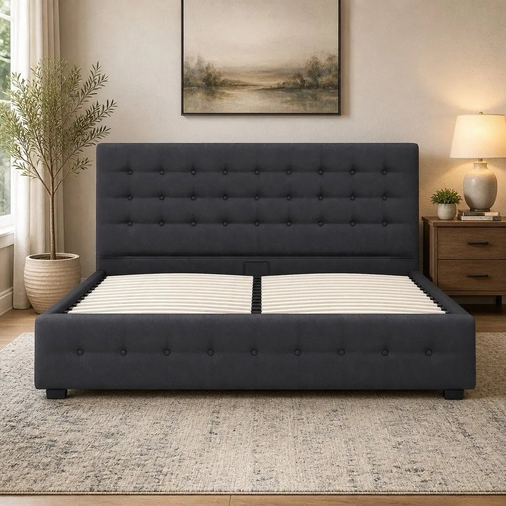 Gas Lift Bed Frame with Headboard Upholstered Dark Grey 200cm L x 105cm W x 87.5cm H