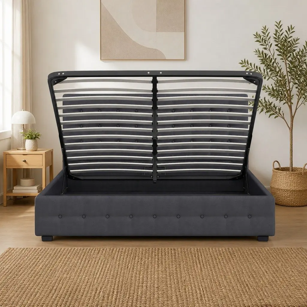 Gas Lift Bed Frame with Headboard Upholstered Dark Grey 200cm L x 105cm W x 87.5cm H