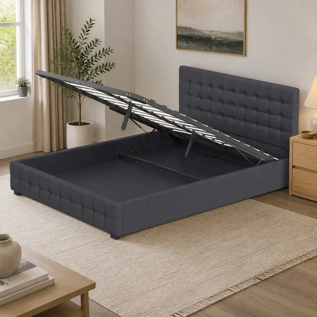 King Single Gas Lift Storage Bed Upholstered Dark Grey Linen