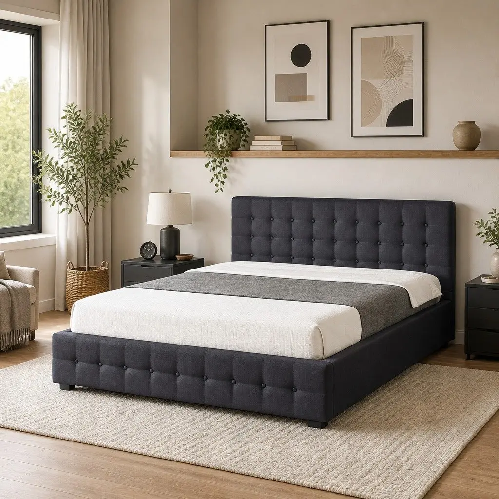 King Single Gas Lift Storage Bed Upholstered Dark Grey Linen
