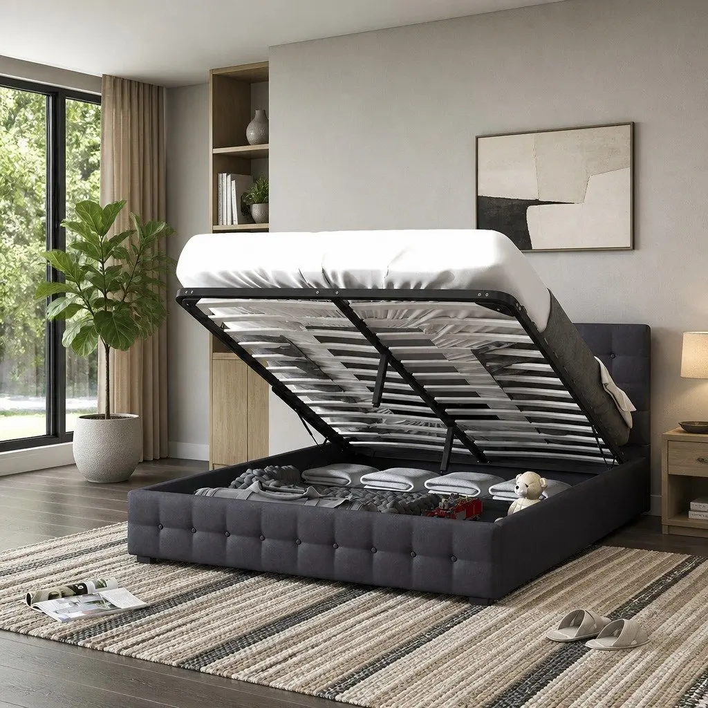 King Single Gas Lift Storage Bed Upholstered Dark Grey Linen