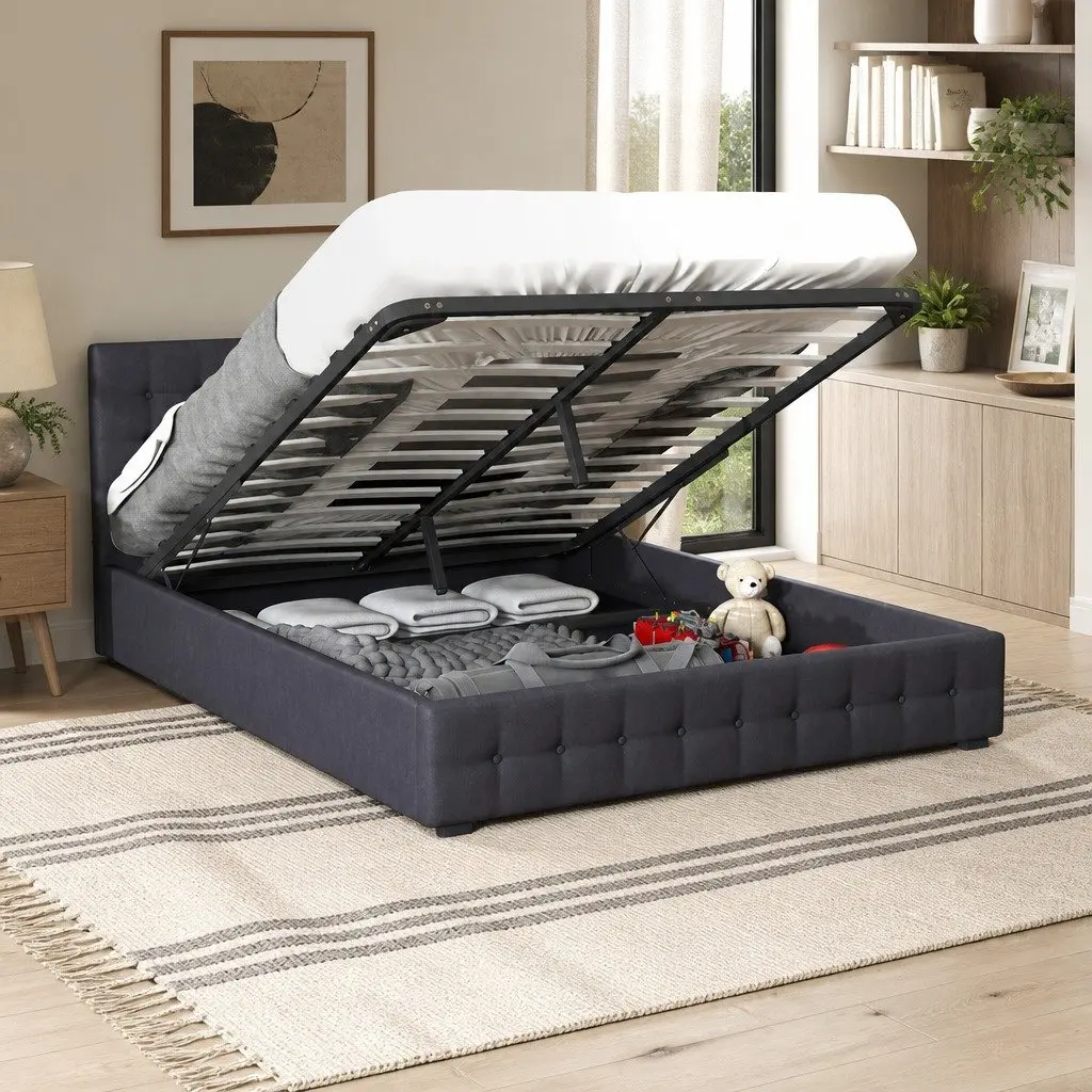 King Single Gas Lift Storage Bed Upholstered Dark Grey Linen