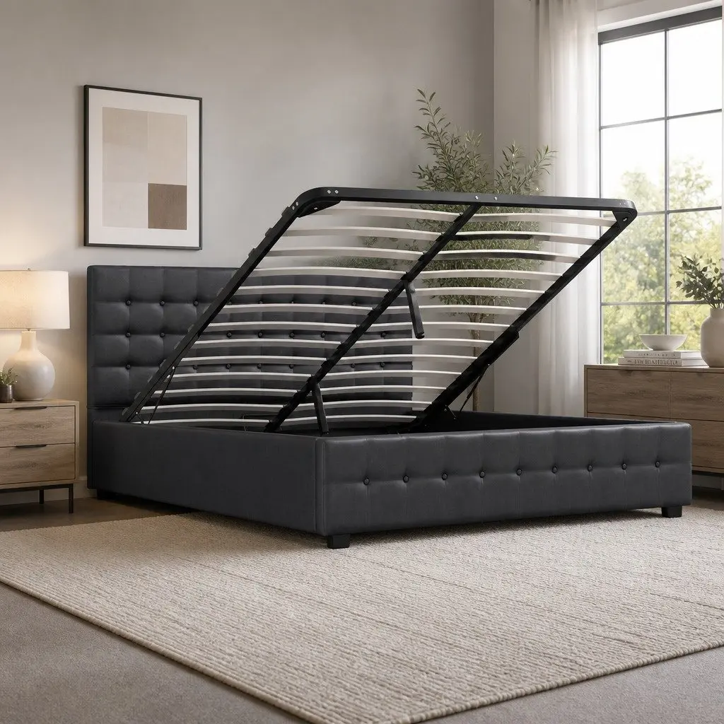 King Single Gas Lift Storage Bed Upholstered Dark Grey Linen