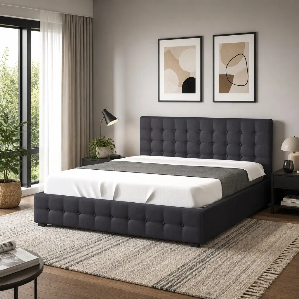 Gas Lift Storage Bed Double Dark Grey Tufted Upholstered Frame with Headboard 200cm x 147cm x 87.5cm