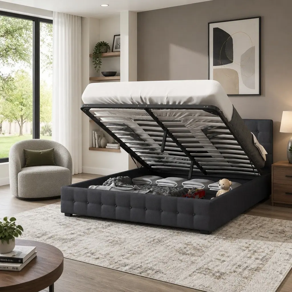 Gas Lift Storage Bed Double Dark Grey Tufted Upholstered Frame with Headboard 200cm x 147cm x 87.5cm