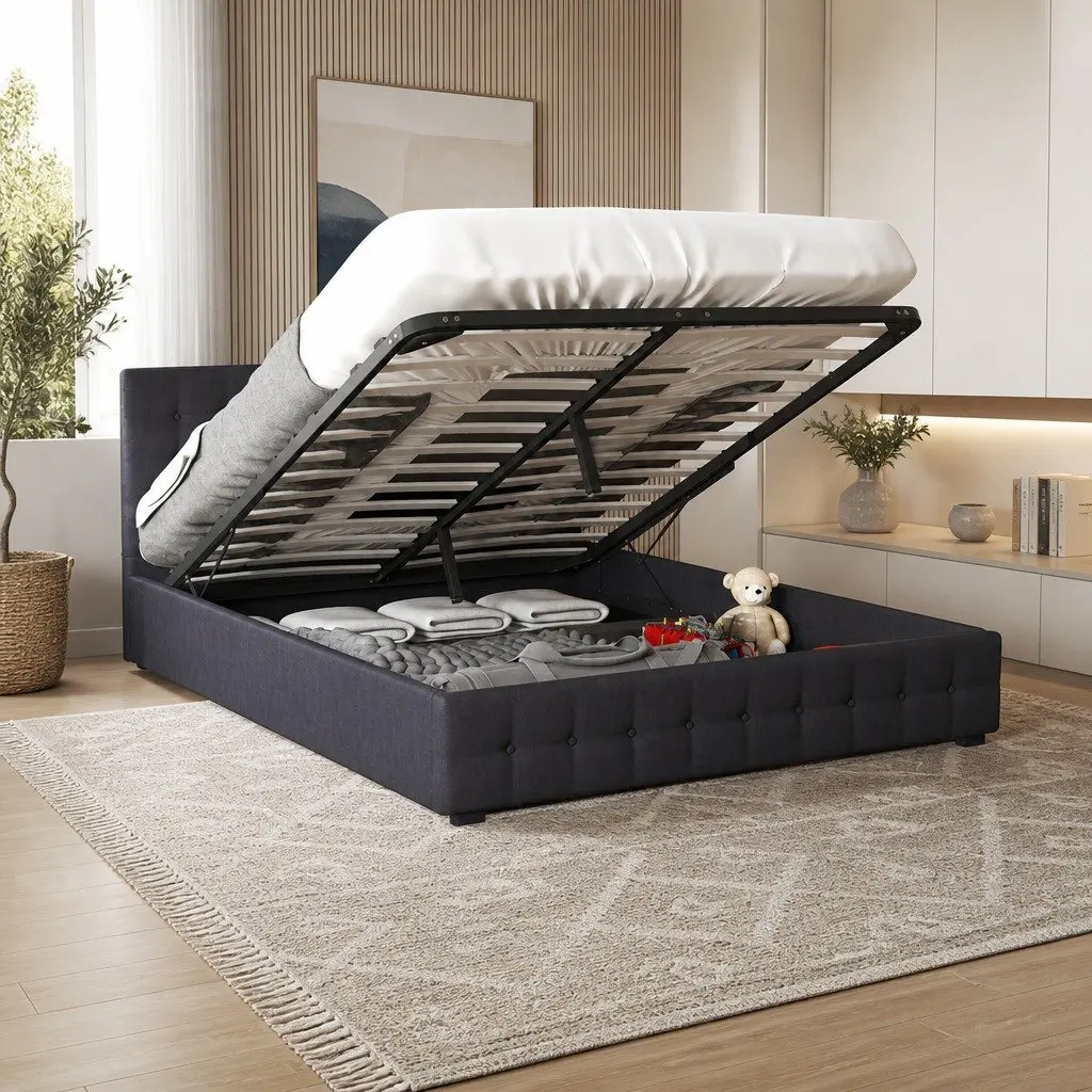 Gas Lift Storage Bed Double Dark Grey Tufted Upholstered Frame with Headboard 200cm x 147cm x 87.5cm