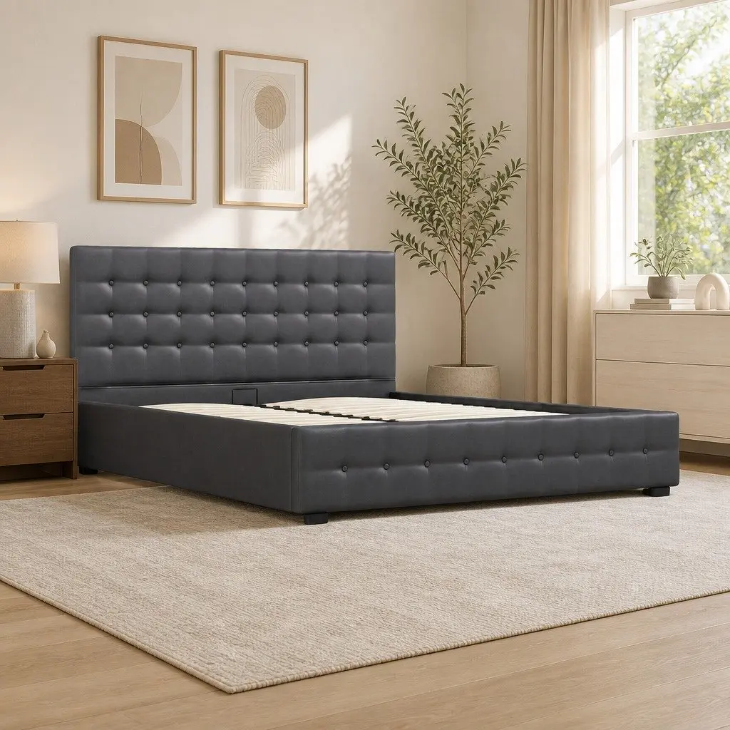 Gas Lift Storage Bed Double Dark Grey Tufted Upholstered Frame with Headboard 200cm x 147cm x 87.5cm