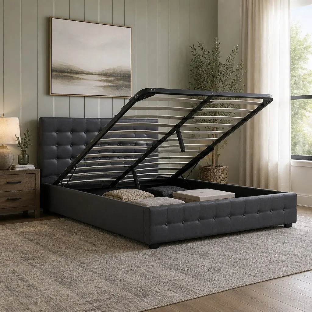 Gas Lift Storage Bed Double Dark Grey Tufted Upholstered Frame with Headboard 200cm x 147cm x 87.5cm