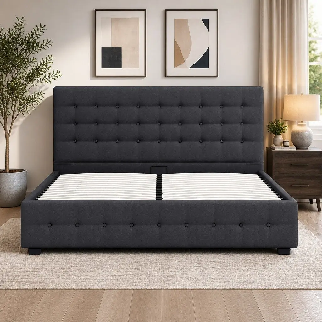 Gas Lift Storage Bed Double Dark Grey Tufted Upholstered Frame with Headboard 200cm x 147cm x 87.5cm