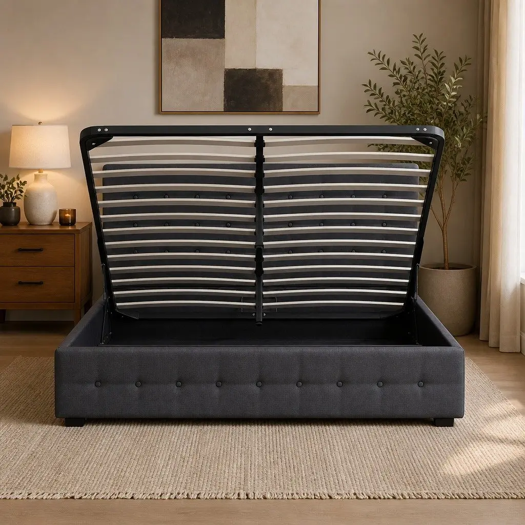 Gas Lift Storage Bed Double Dark Grey Tufted Upholstered Frame with Headboard 200cm x 147cm x 87.5cm