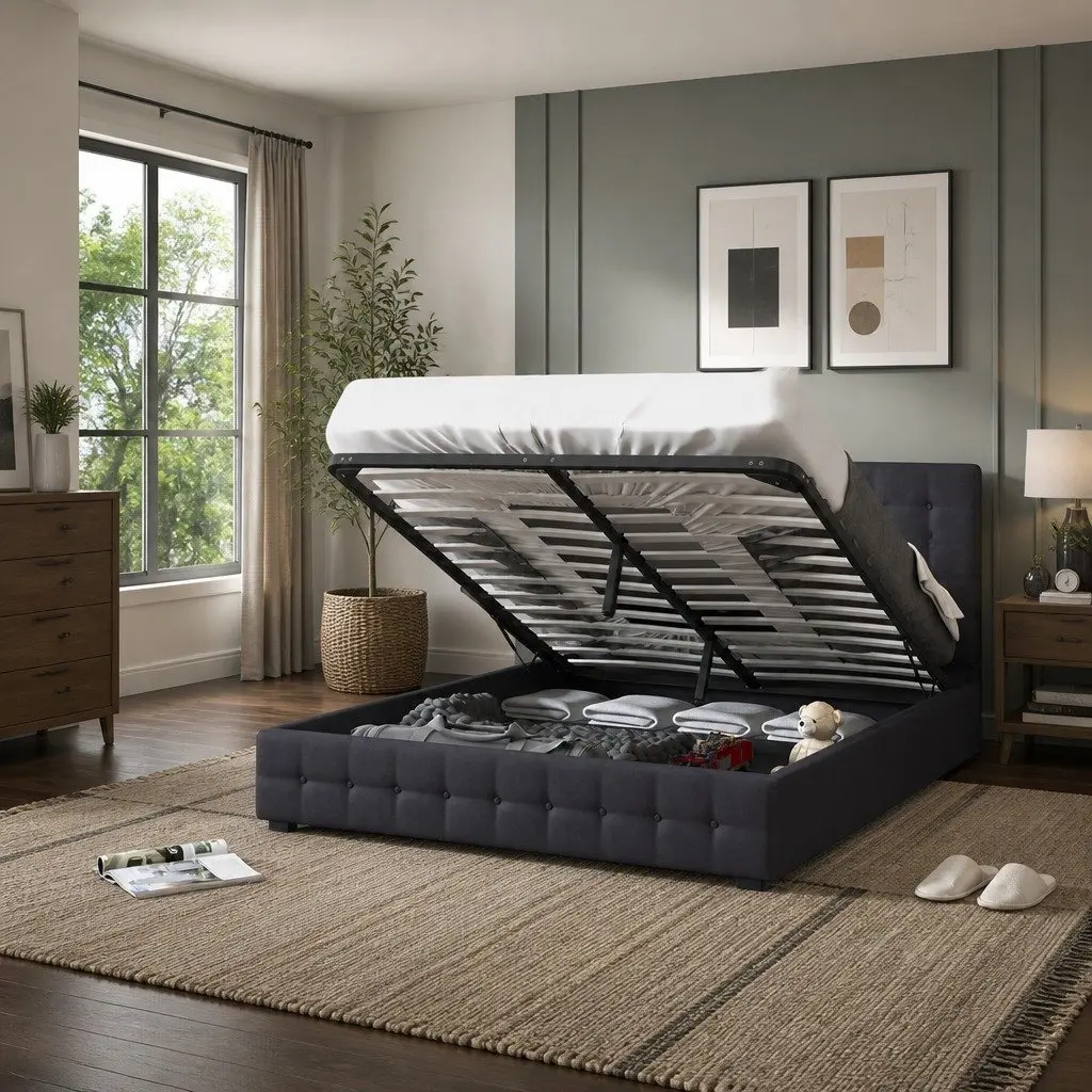 King Gas Lift Bed Frame with Headboard Storage Tufted Linen Upholstery Modern