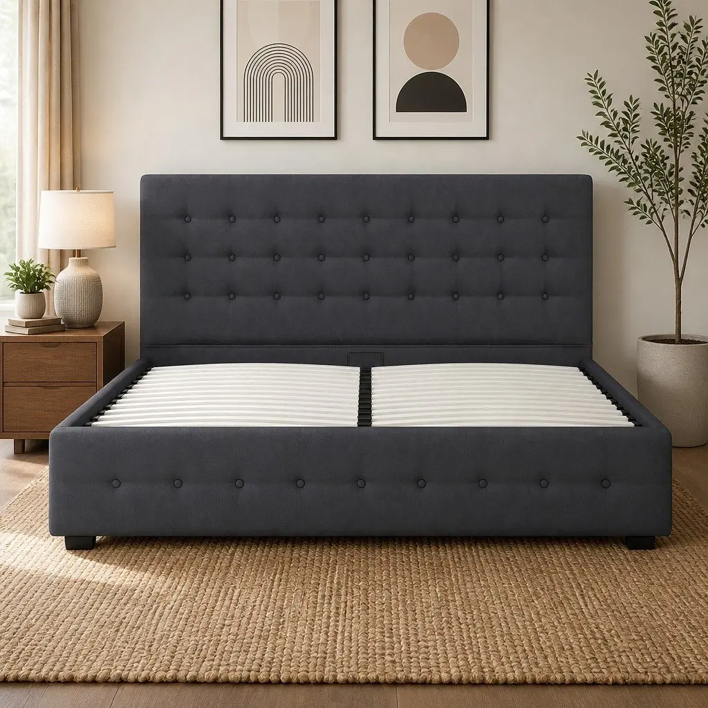 King Gas Lift Bed Frame with Headboard Storage Tufted Linen Upholstery Modern