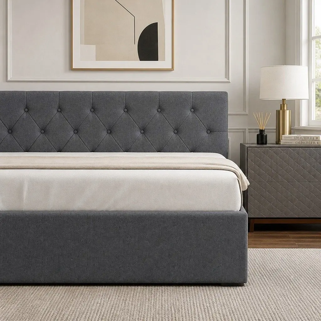 Gas Lift Storage Bed King Single with Tufted Headboard Modern Bedroom Furniture