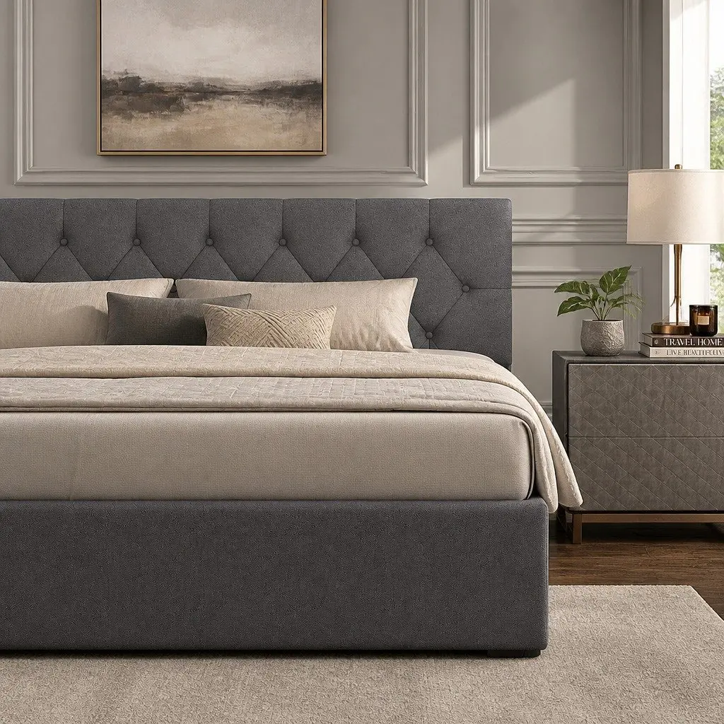 Gas Lift Bed Frame Tufted Headboard Queen Size Storage Platform