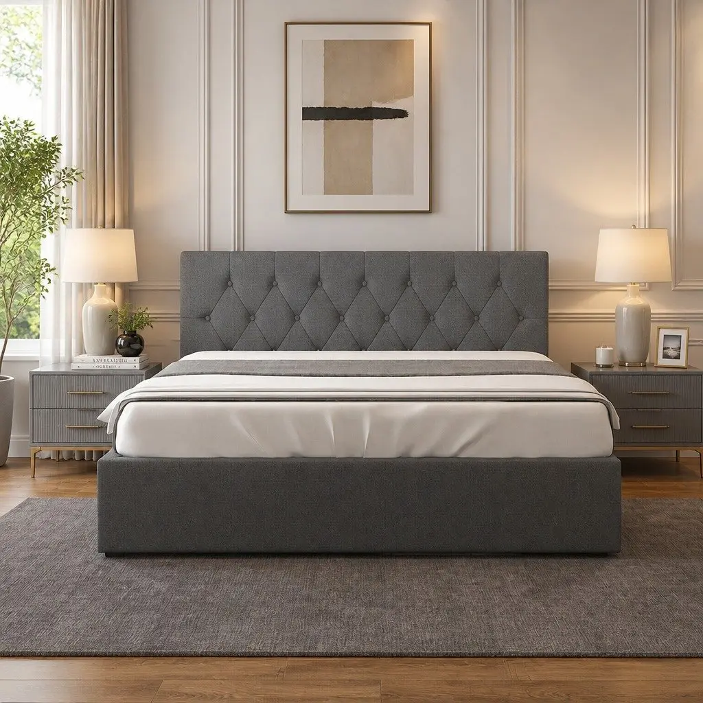 Gas Lift Bed Frame Tufted Headboard Queen Size Storage Platform