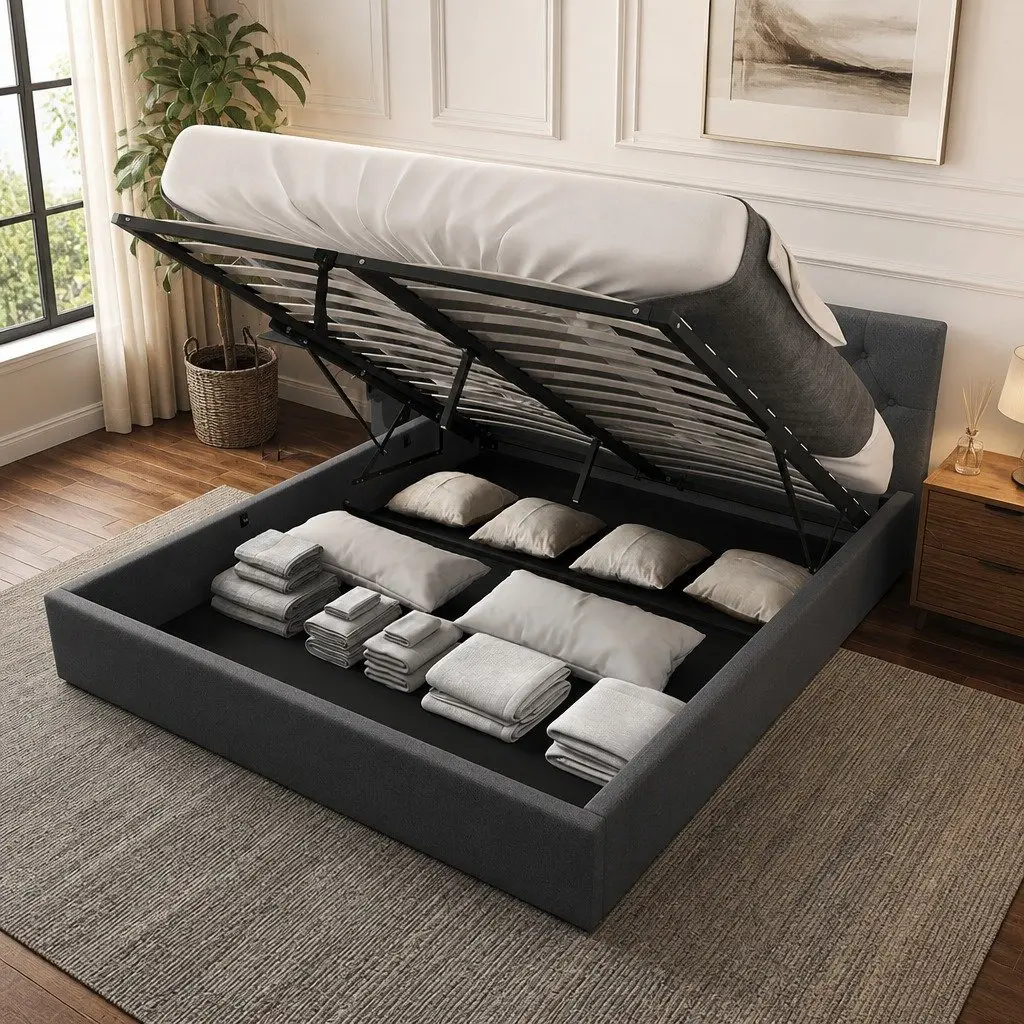 Gas Lift Bed Frame Tufted Headboard Queen Size Storage Platform