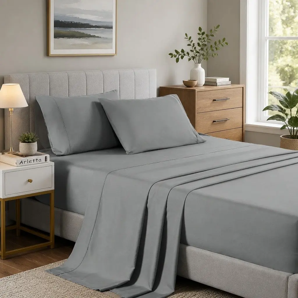 Cooling Bamboo Sheet Set 2000TC Soft Microfibre Blend Single Bed Mid Grey