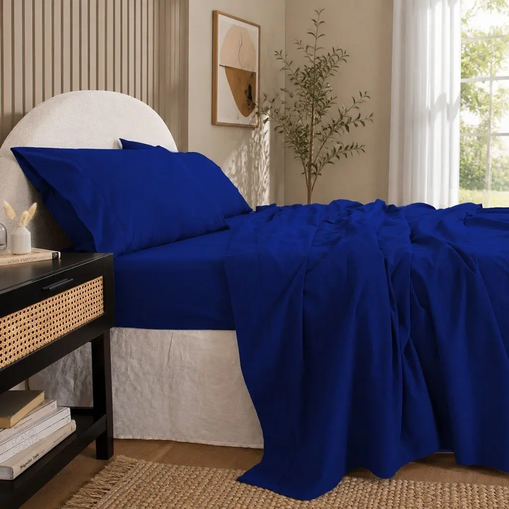 Double Bed Sheet Set Vintage Washed Cotton Percale Soft Royal Blue