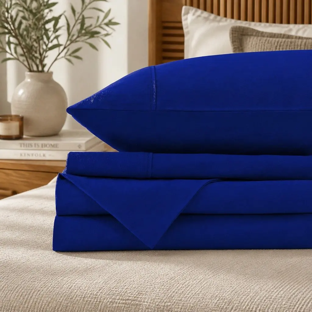 Double Bed Sheet Set Vintage Washed Cotton Percale Soft Royal Blue
