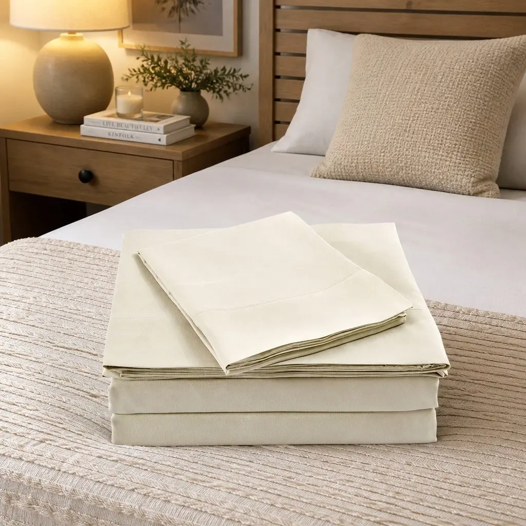 Double Bed Sheet Set 1000TC Bamboo Blend Dark Ivory Fitted Flat Pillowcases