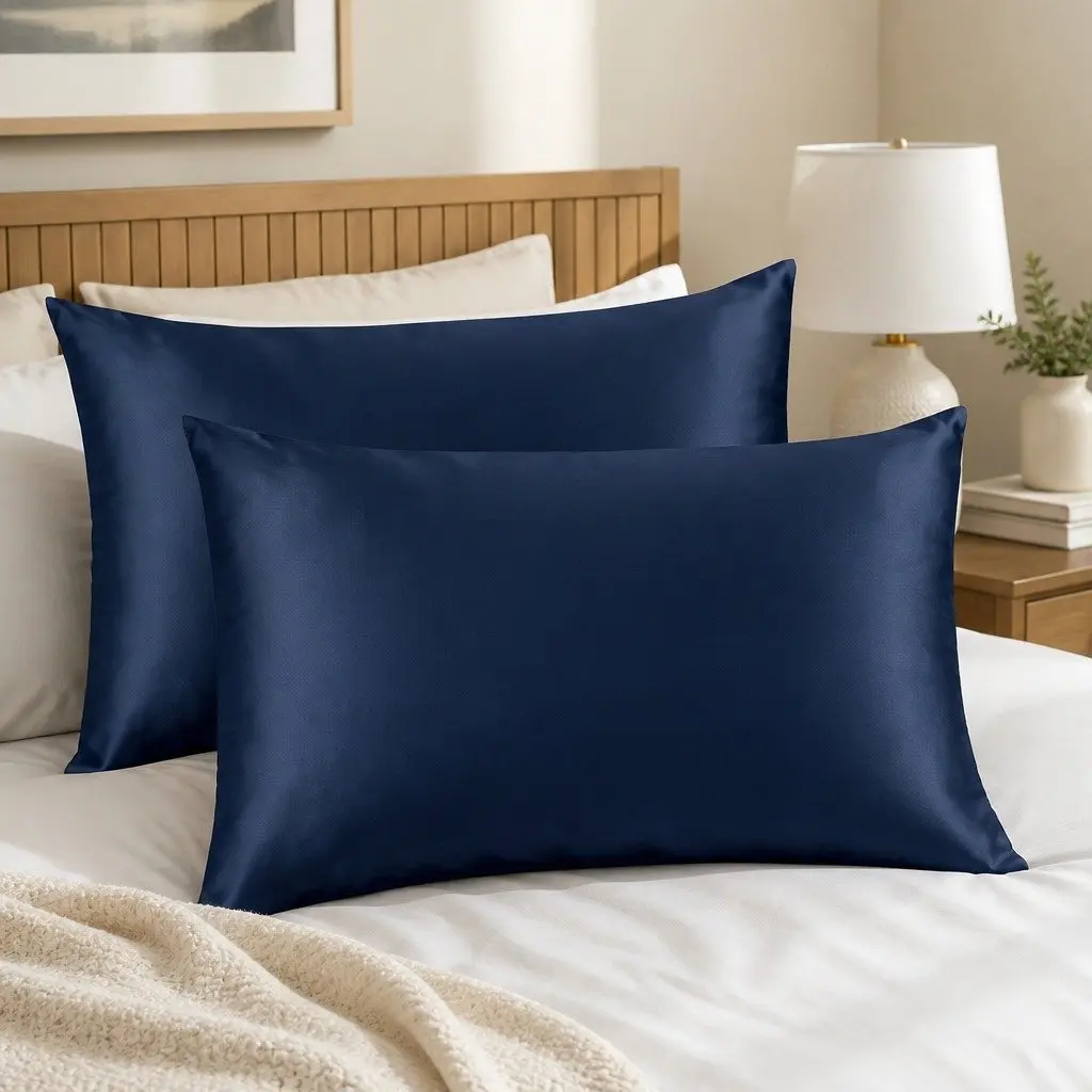 Mulberry Silk Pillowcase Twin Pack 51x76cm Navy Hypoallergenic Breathable Sleep