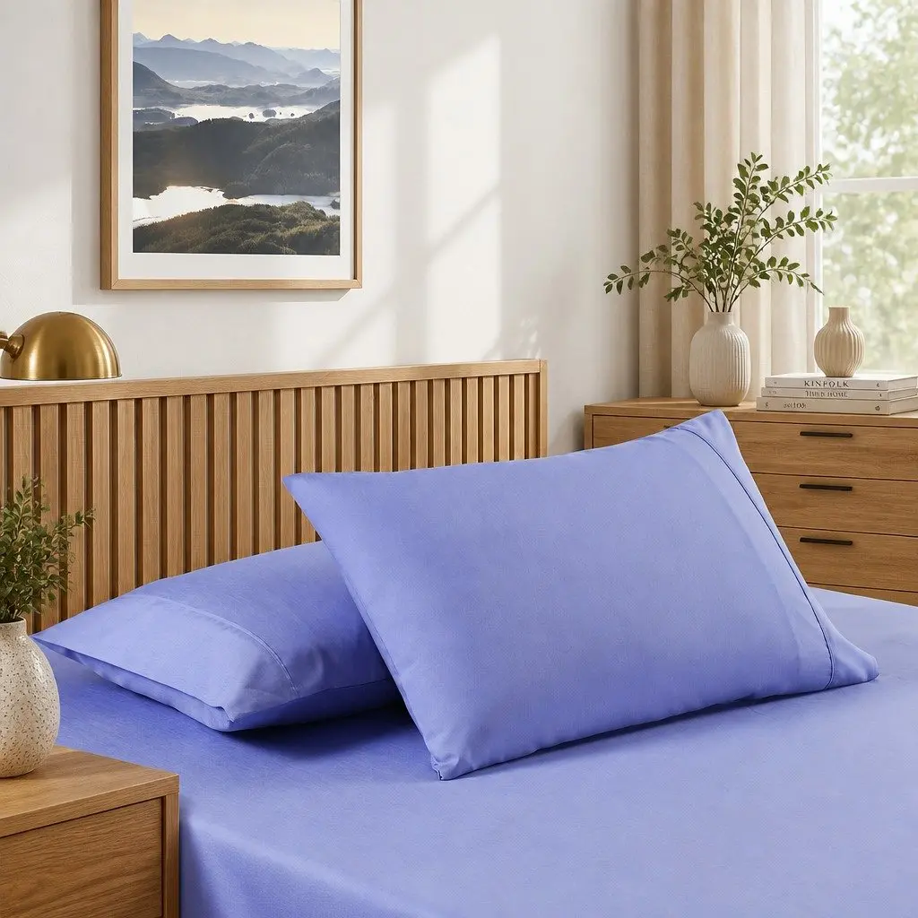 Bamboo Cooling Sheet Set 2000TC Single Bed Mid Blue Fitted Flat Sheets Pillowcase