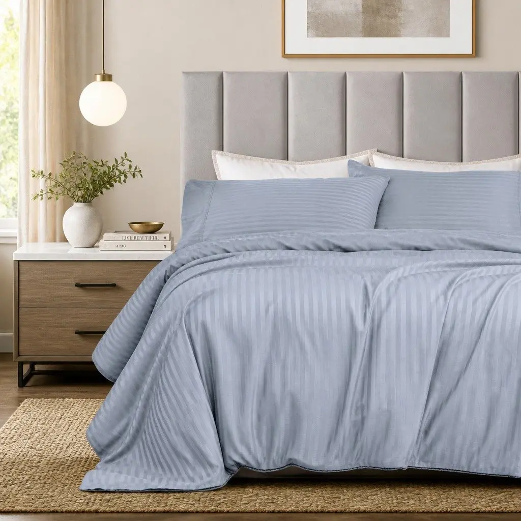 King Damask Stripe Sheet Set 1200 Thread Count Blue Fog Cotton Blend Sateen