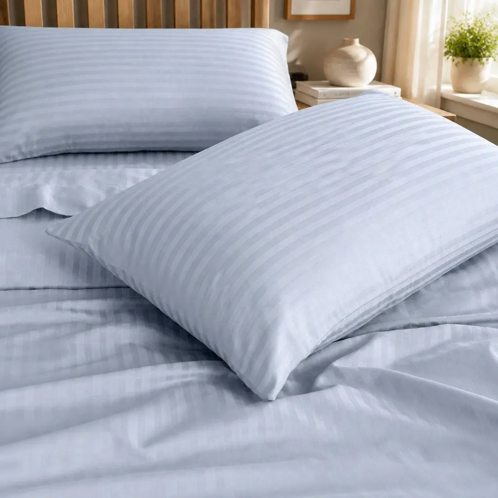 King Damask Stripe Sheet Set 1200 Thread Count Blue Fog Cotton Blend Sateen