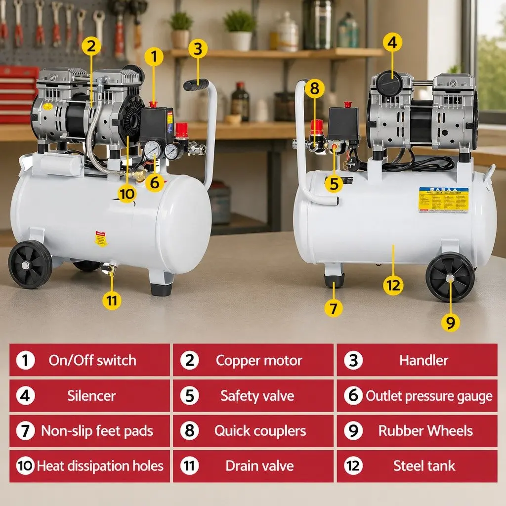 Air Compressor 24L Tank Portable Quiet Oil-Free Tyre Inflator Electric Power