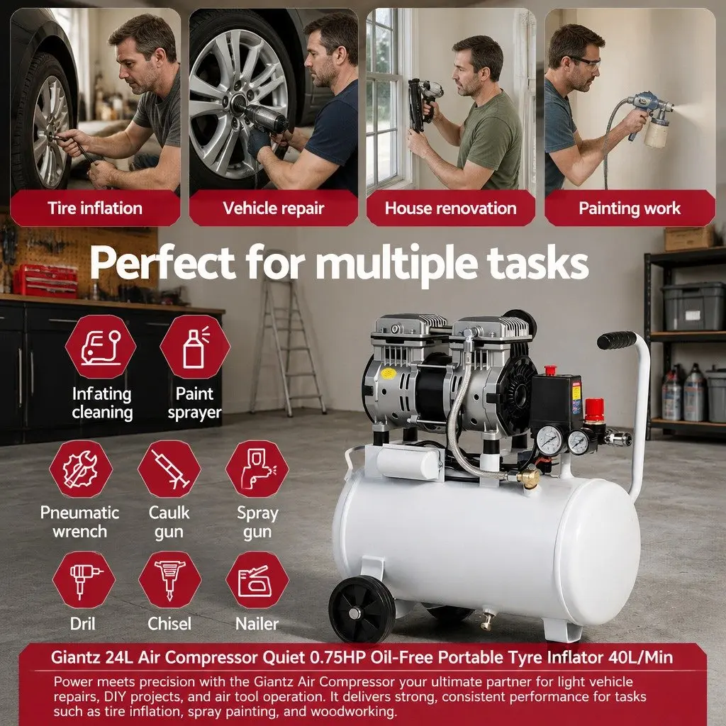 Air Compressor 24L Tank Portable Quiet Oil-Free Tyre Inflator Electric Power