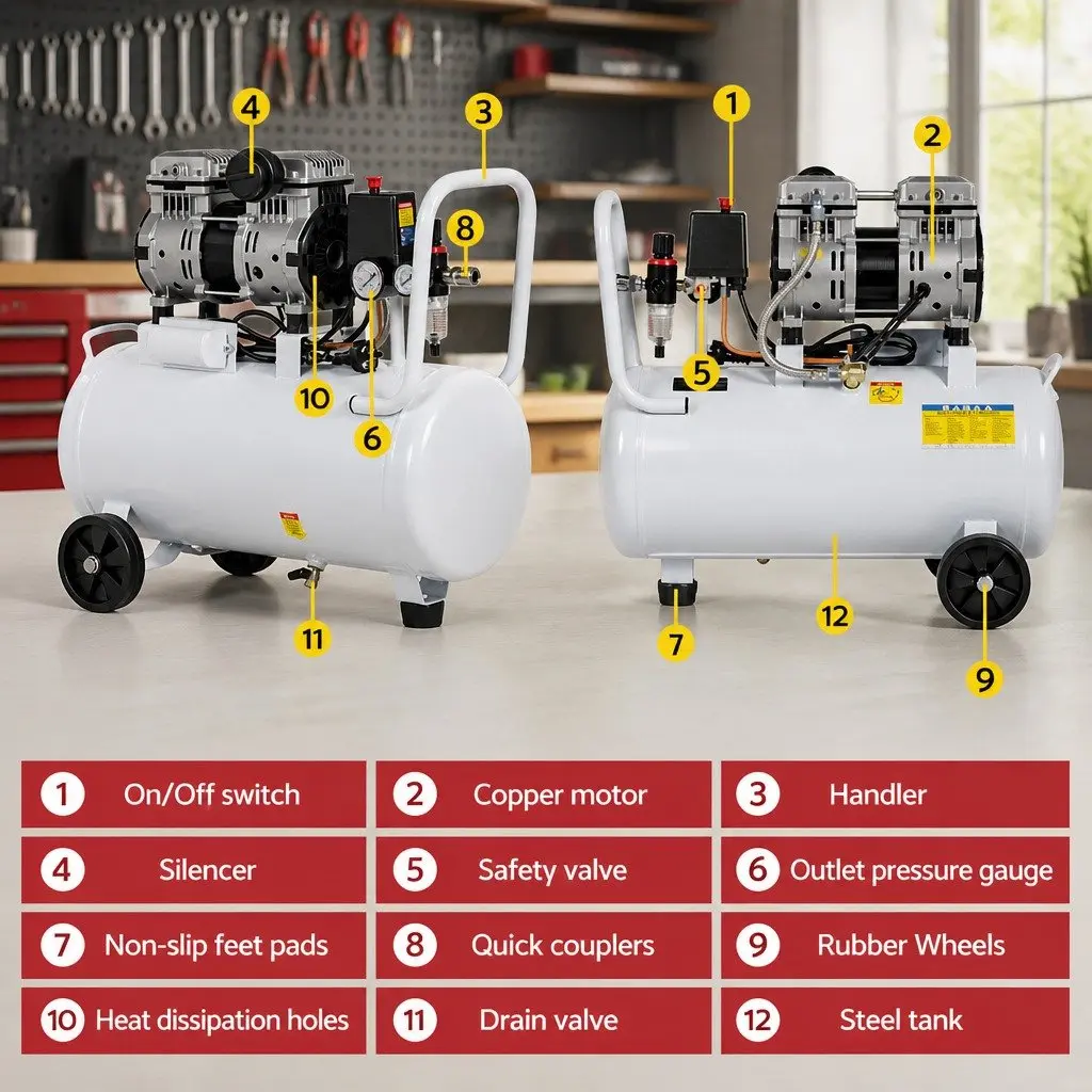 30L Air Compressor Quiet Oil-Free Portable 40L/Min 0.75HP