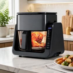 2-in-1 Air Fryer Dual Zone Electric Cooker with BBQ Grill Top and Glass Basket