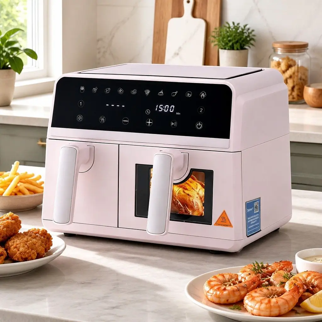 Air Fryer Dual Zone 9L Two Independent Baskets Pink Touch Control
